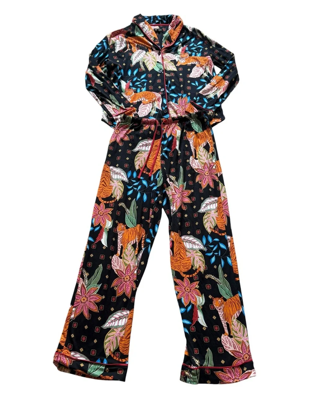 Room Service Tiger Floral Pajama Set Black Button Front Lounge Sleepwear S Cozy